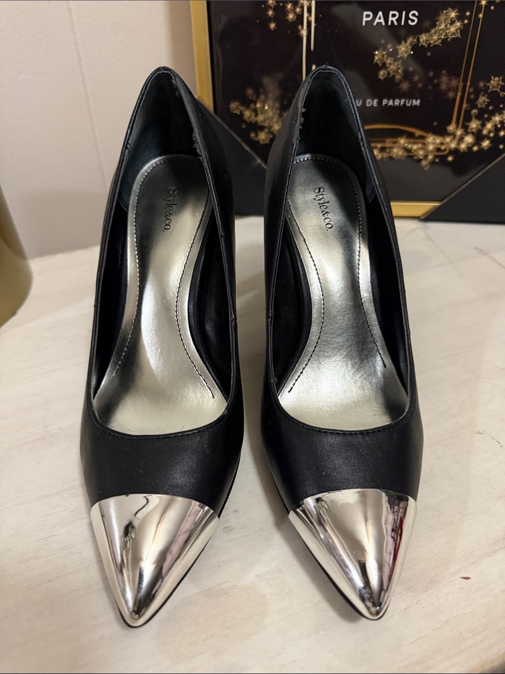 Style & Co. Black Pointed Pumps with Silver Toe Caps